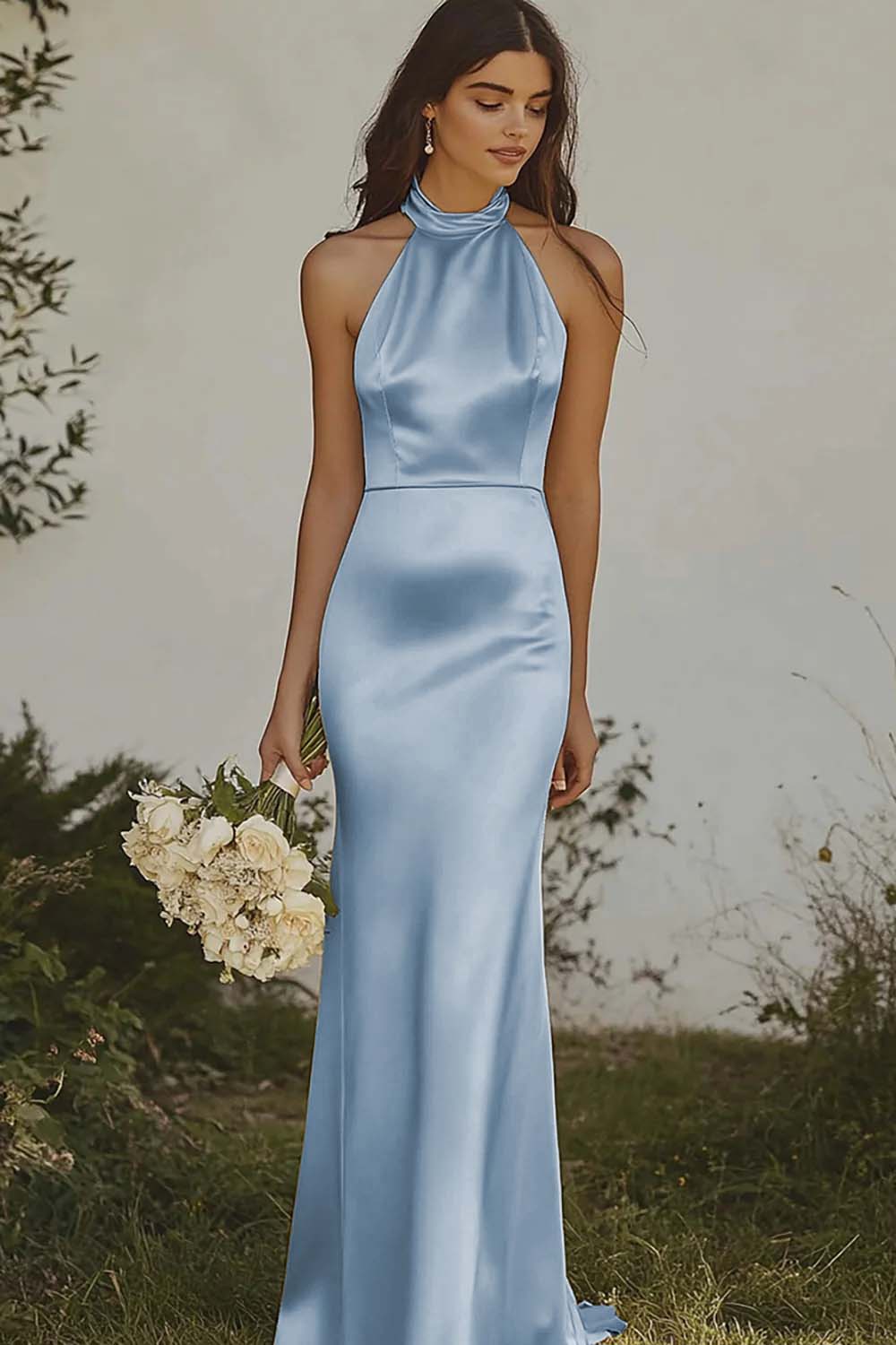 Light yellow Halter Mermaid Satin Bridesmaid Dress - Image 15