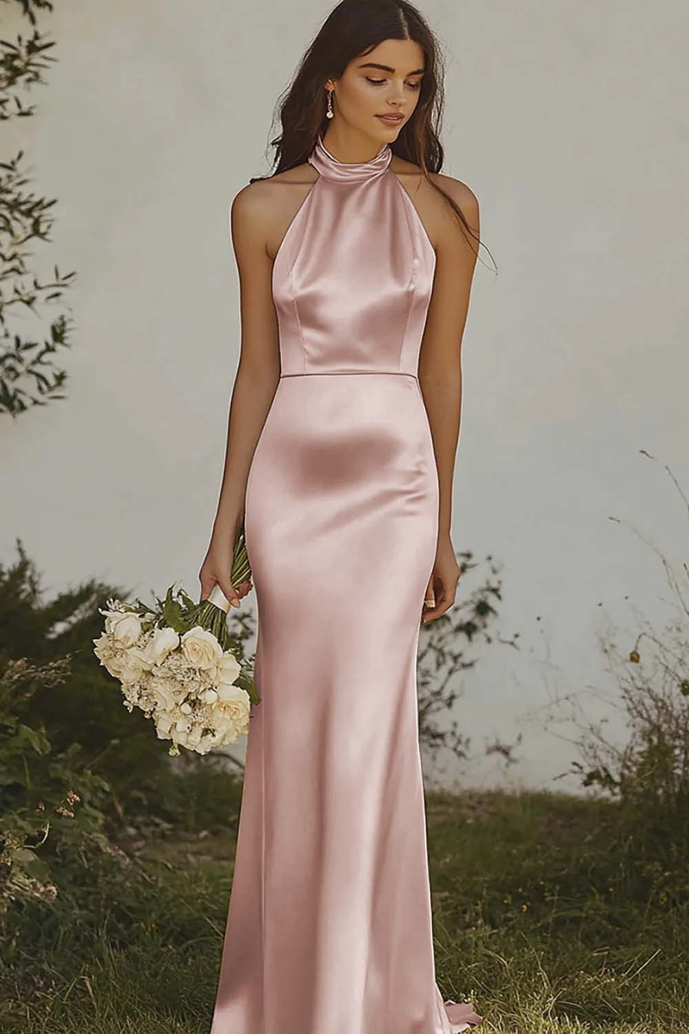 Light yellow Halter Mermaid Satin Bridesmaid Dress - Image 17