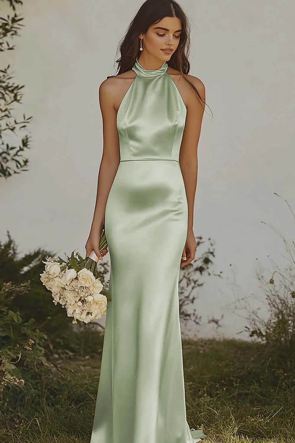 Light yellow Halter Mermaid Satin Bridesmaid Dress - Image 19