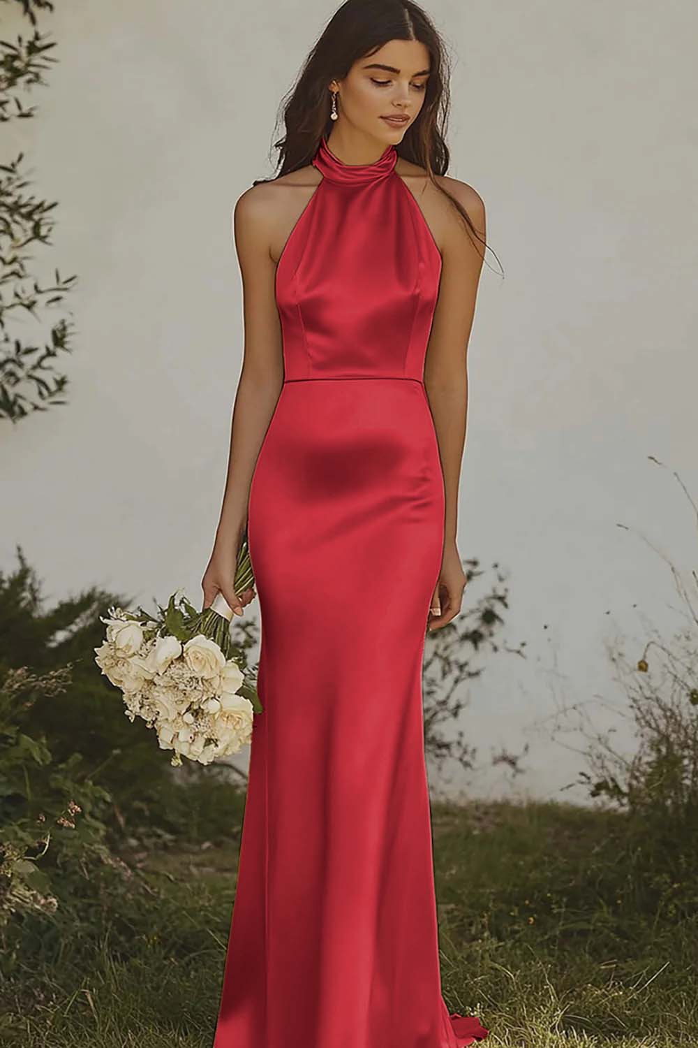 Light yellow Halter Mermaid Satin Bridesmaid Dress - Image 21