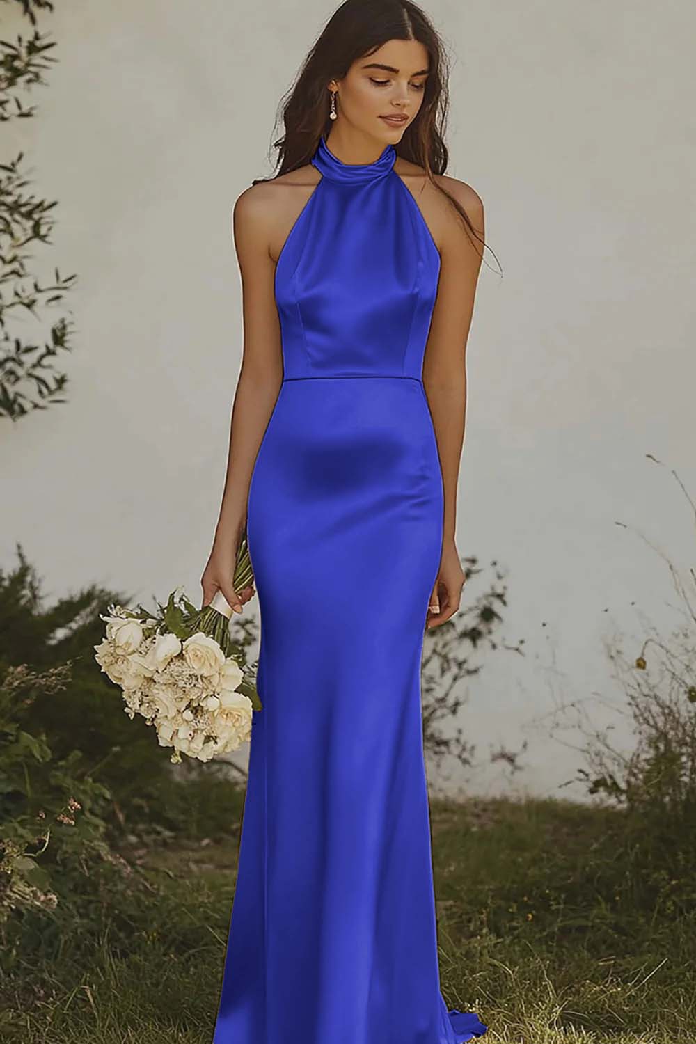 Light yellow Halter Mermaid Satin Bridesmaid Dress - Image 23