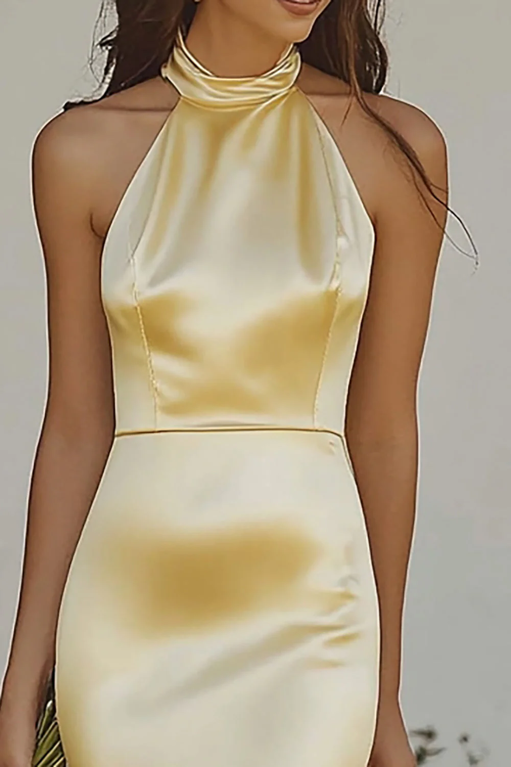 Light yellow Halter Mermaid Satin Bridesmaid Dress - Image 3