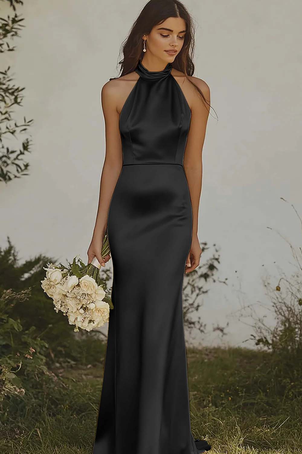 Light yellow Halter Mermaid Satin Bridesmaid Dress - Image 5