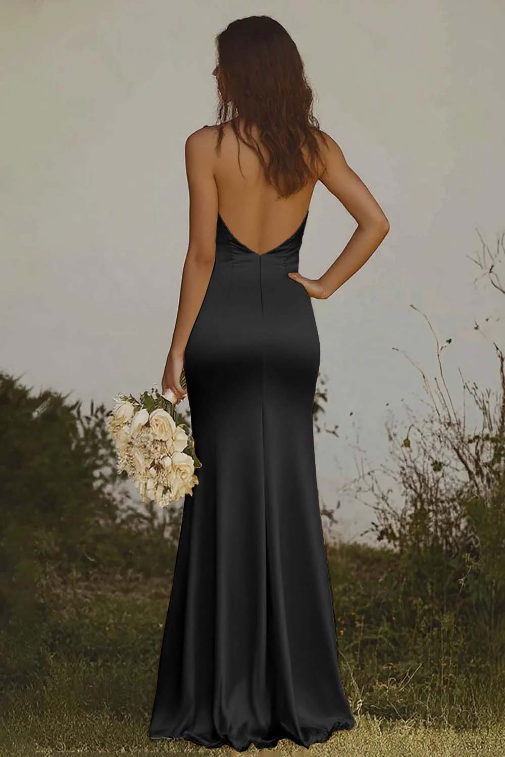 Light yellow Halter Mermaid Satin Bridesmaid Dress - Image 6