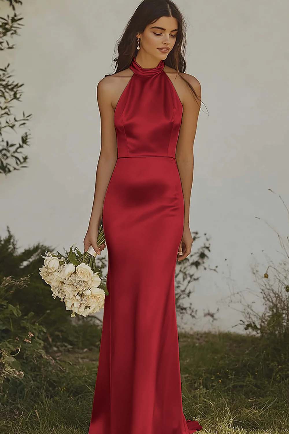 Light yellow Halter Mermaid Satin Bridesmaid Dress - Image 7