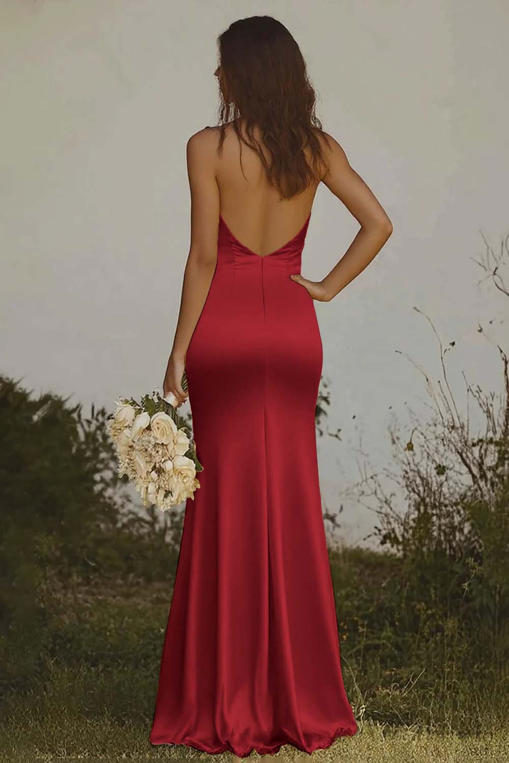 Light yellow Halter Mermaid Satin Bridesmaid Dress - Image 8