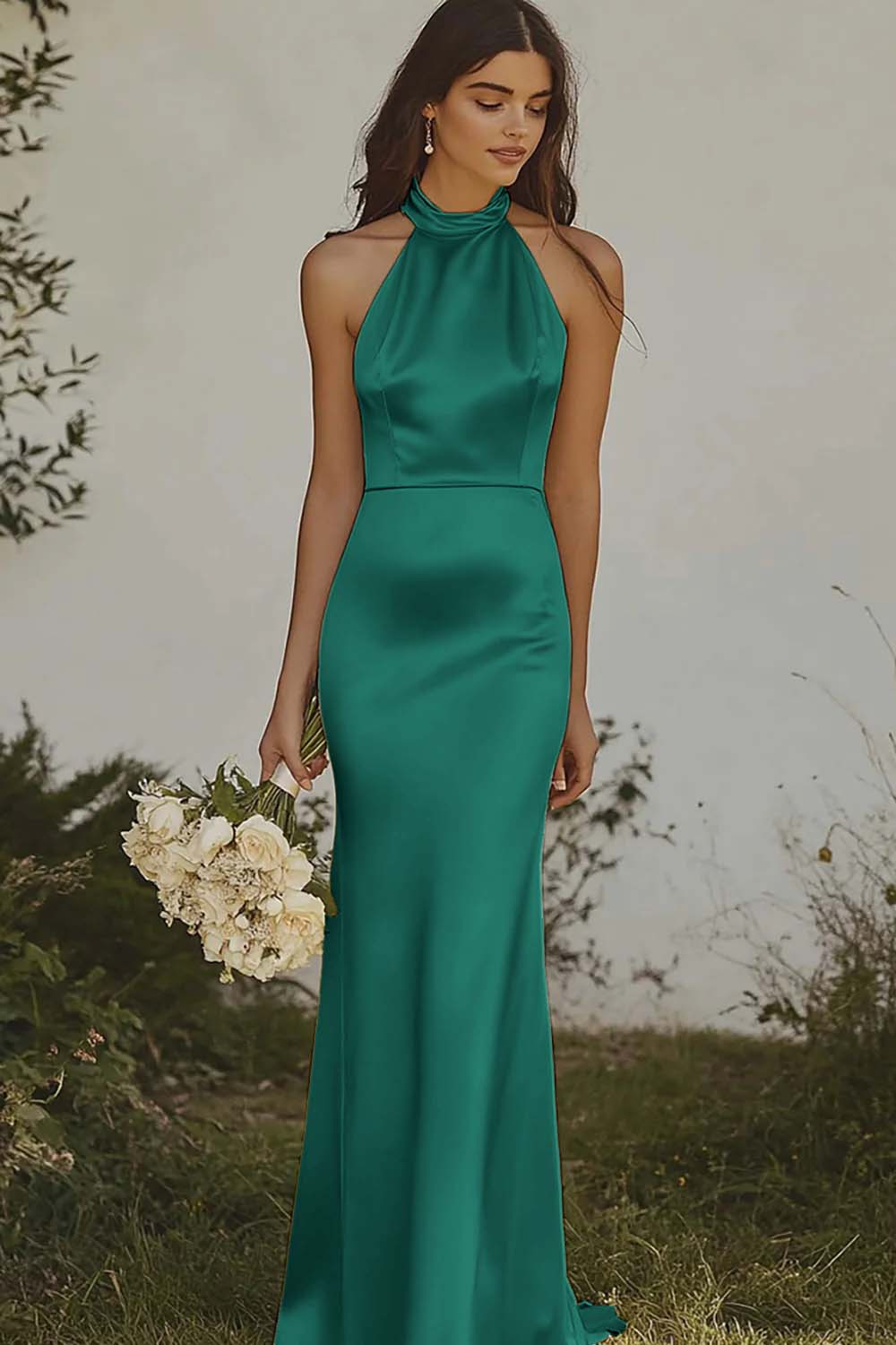 Light yellow Halter Mermaid Satin Bridesmaid Dress - Image 9