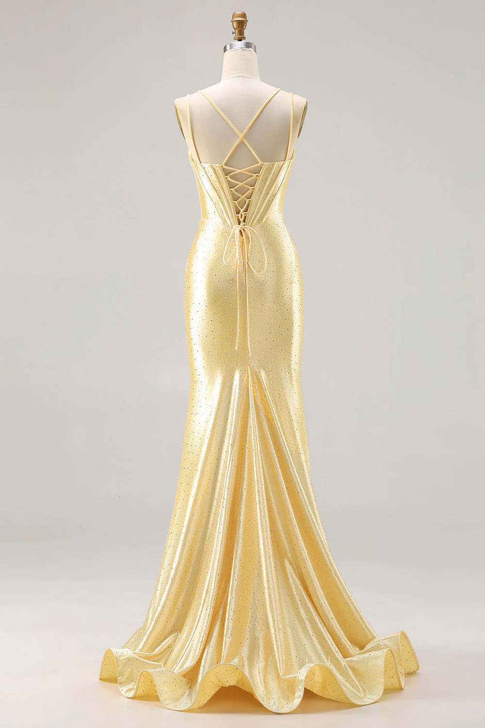 Light Yellow Mermaid Corset Beaded Long Prom Dress with Lace Up Back - Image 2