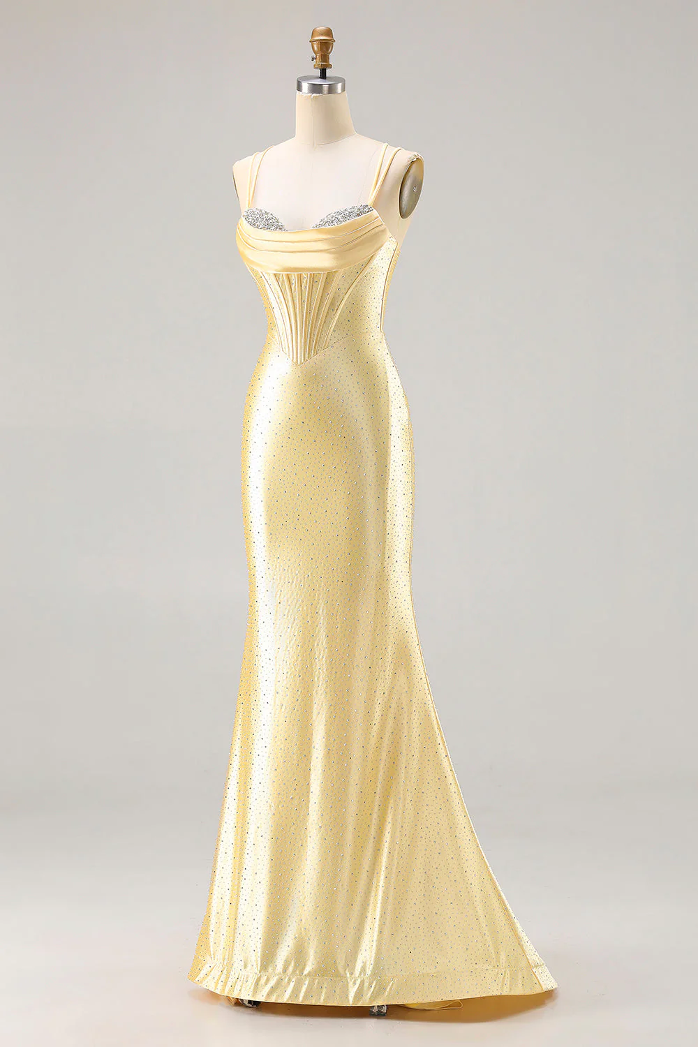 Light Yellow Mermaid Corset Beaded Long Prom Dress with Lace Up Back - Image 3