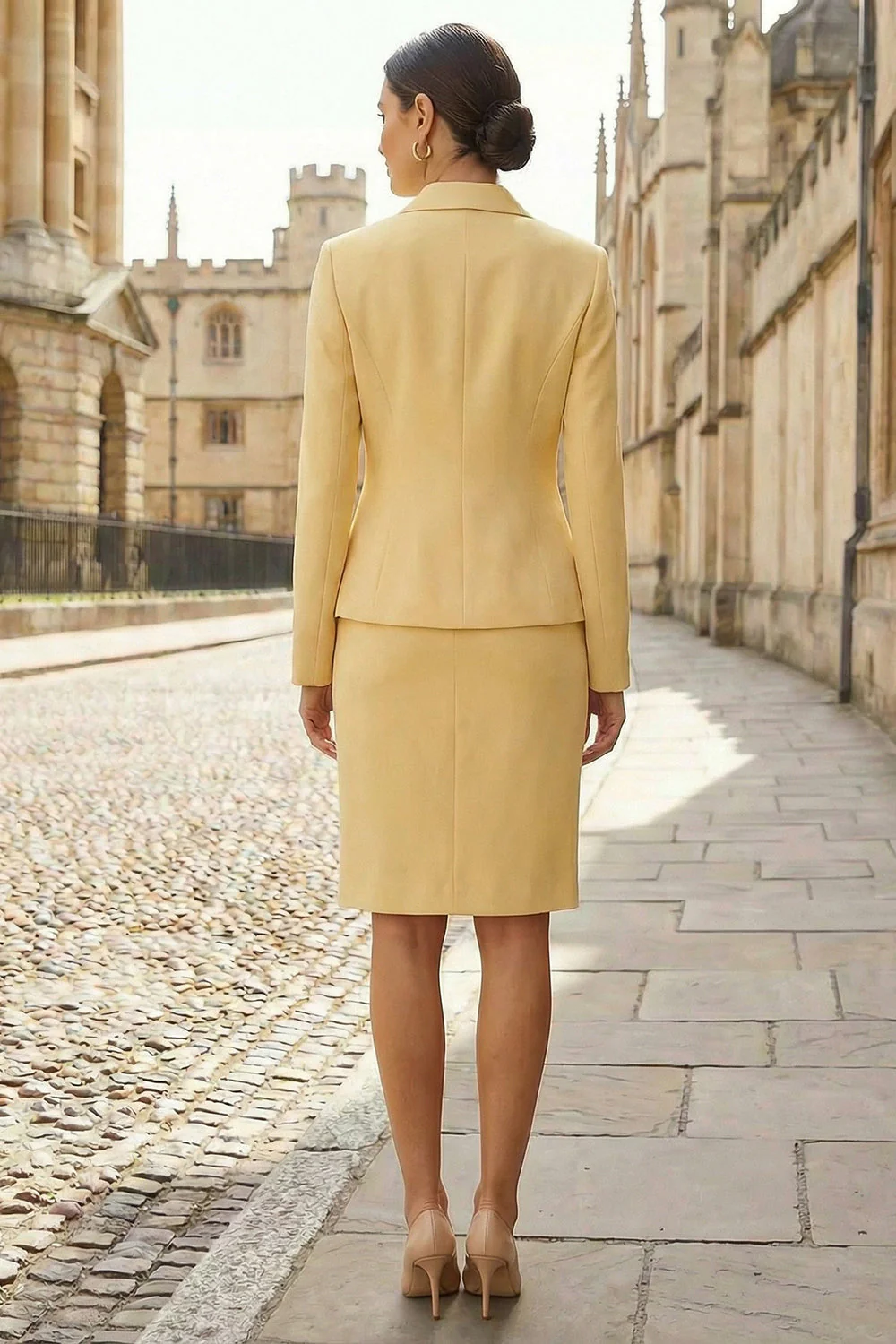 Light Yellow Notched Lapel 2 Piece Single Breasted Work Dress - Image 2