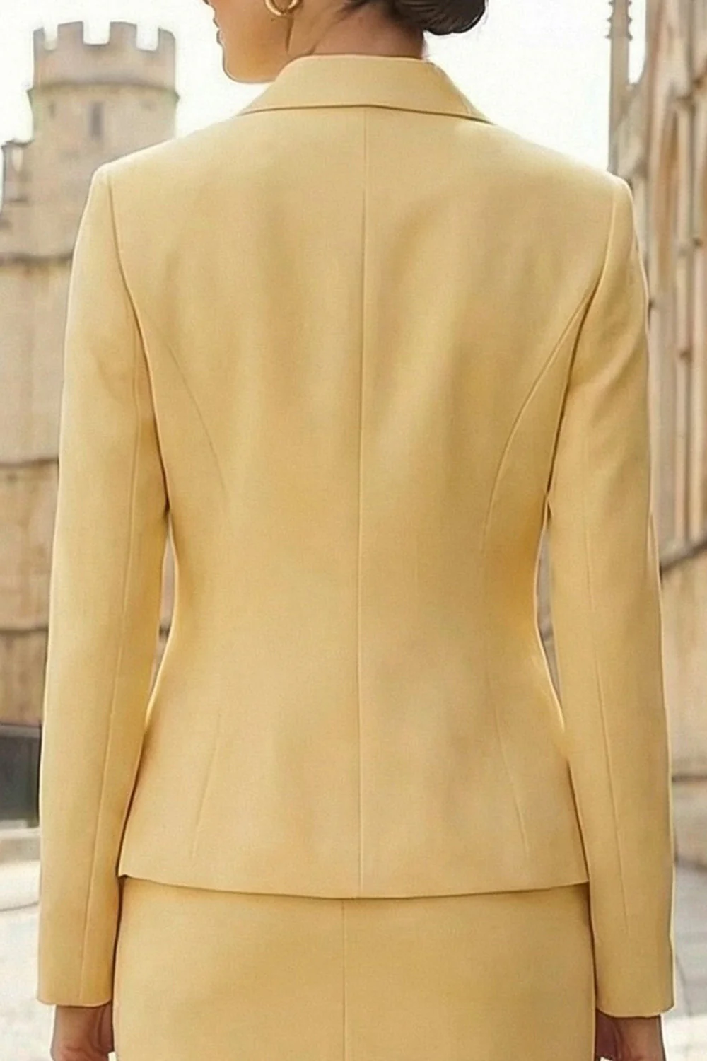 Light Yellow Notched Lapel 2 Piece Single Breasted Work Dress - Image 4