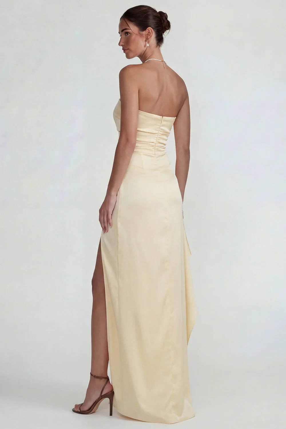 Light Yellow Strapless Sheath Ruffled Satin Long Prom Dress with Slit - Image 2