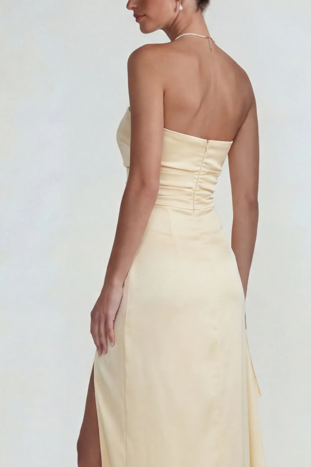 Light Yellow Strapless Sheath Ruffled Satin Long Prom Dress with Slit - Image 4