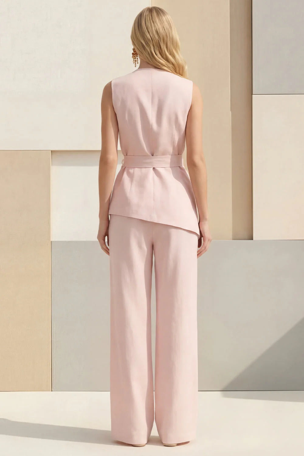 Light Yellow V-Neck 2 Piece Business Suits with Belt - Image 10