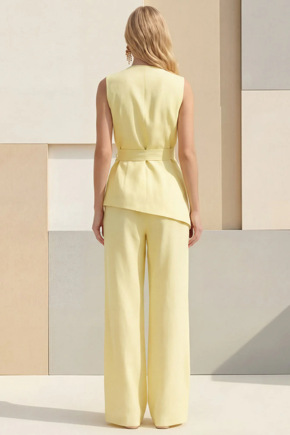 Light Yellow V-Neck 2 Piece Business Suits with Belt - Image 2