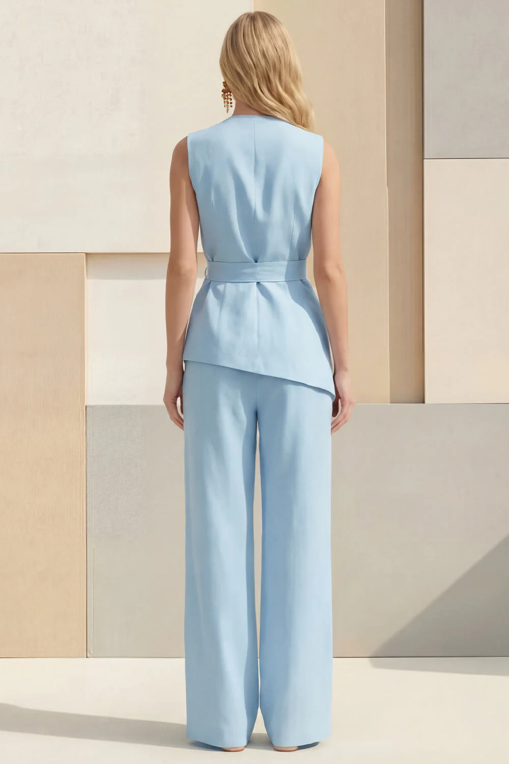 Light Yellow V-Neck 2 Piece Business Suits with Belt - Image 6