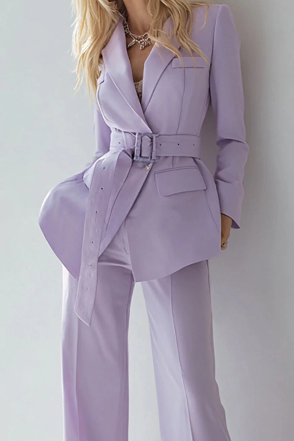 Lilac 2 Piece Long Sleeves Business Suits with Belt - Image 2
