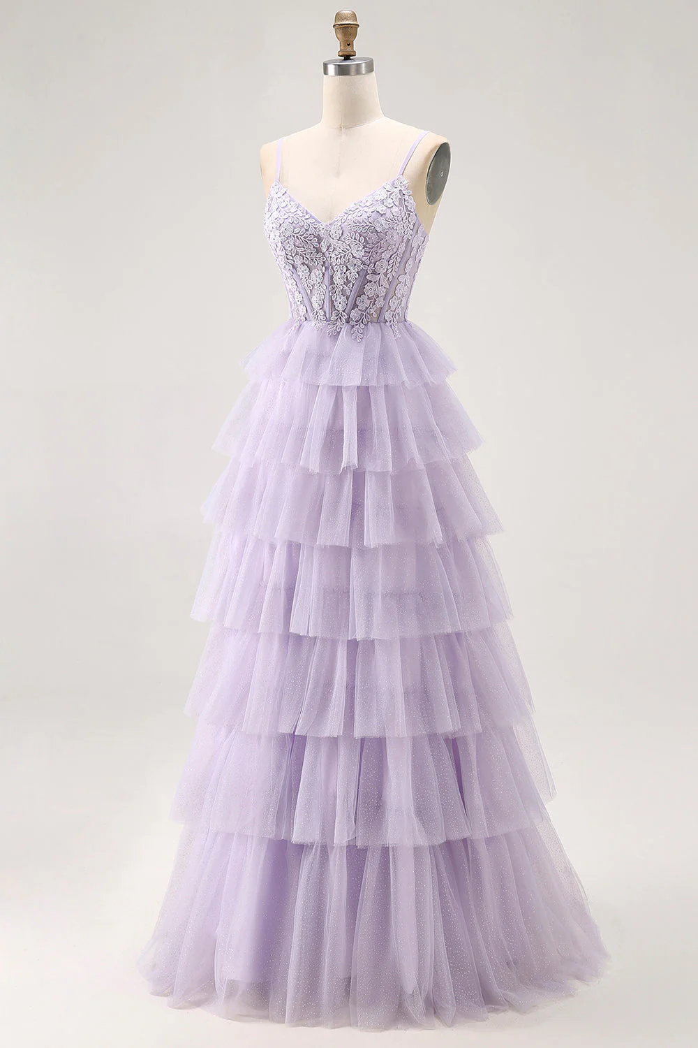 Lilac A Line Beaded Corset Tiered Long Prom Dress with Slit - Image 3