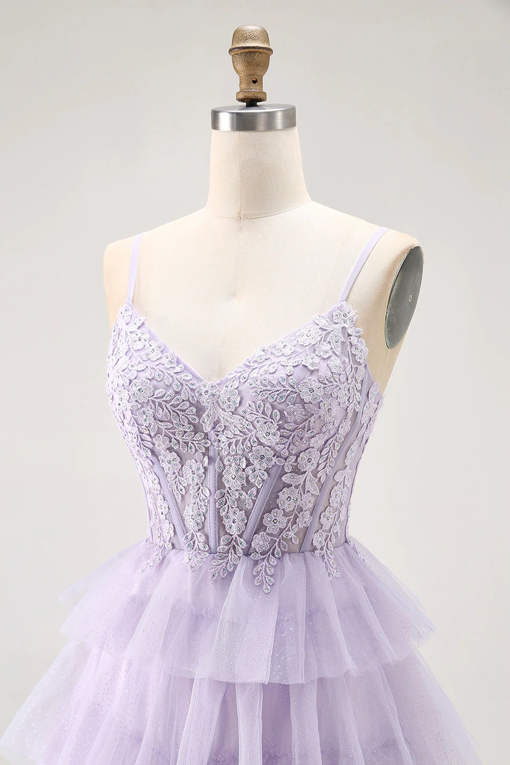 Lilac A Line Beaded Corset Tiered Long Prom Dress with Slit - Image 5