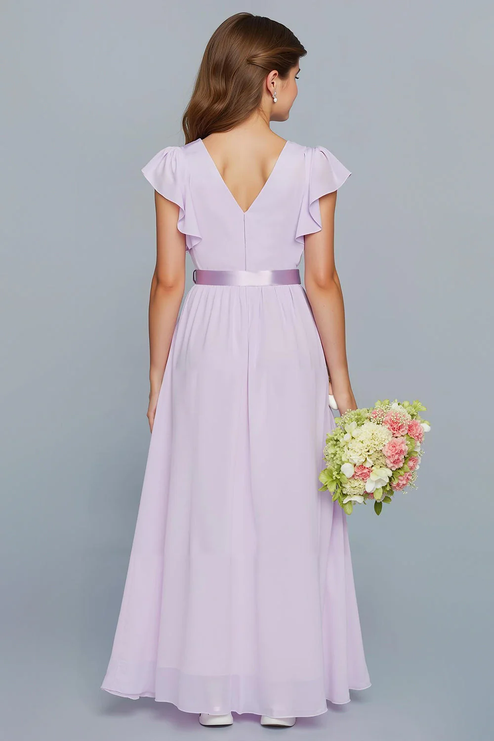 Lilac A-Line Chiffon V-Neck Long Junior Bridesmaid Dress with Ruffles - Image 2