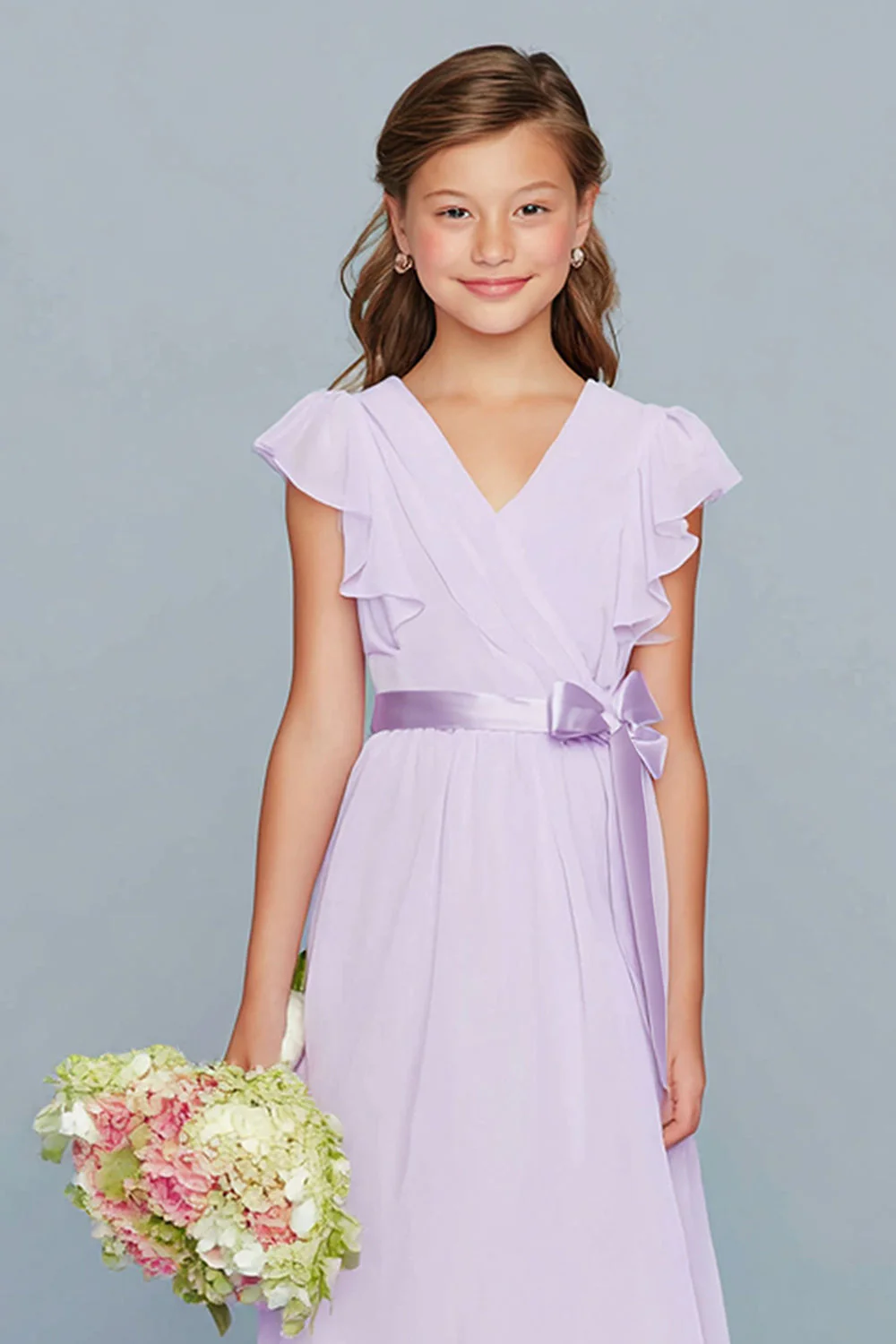 Lilac A-Line Chiffon V-Neck Long Junior Bridesmaid Dress with Ruffles - Image 3