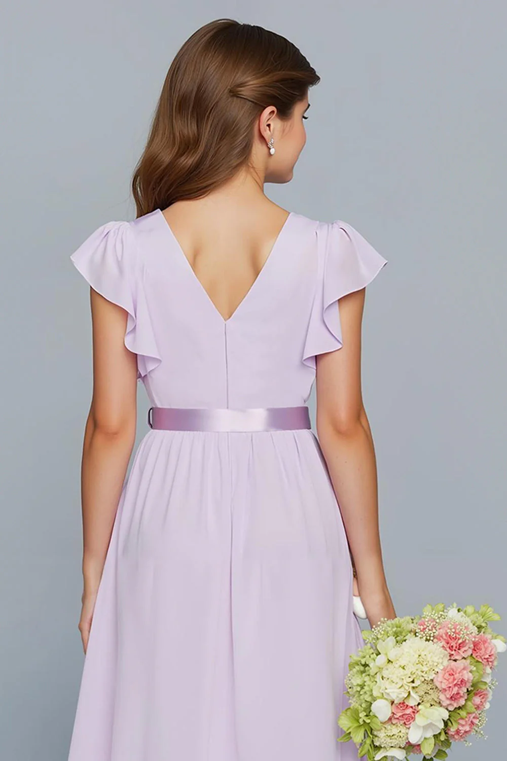 Lilac A-Line Chiffon V-Neck Long Junior Bridesmaid Dress with Ruffles - Image 4