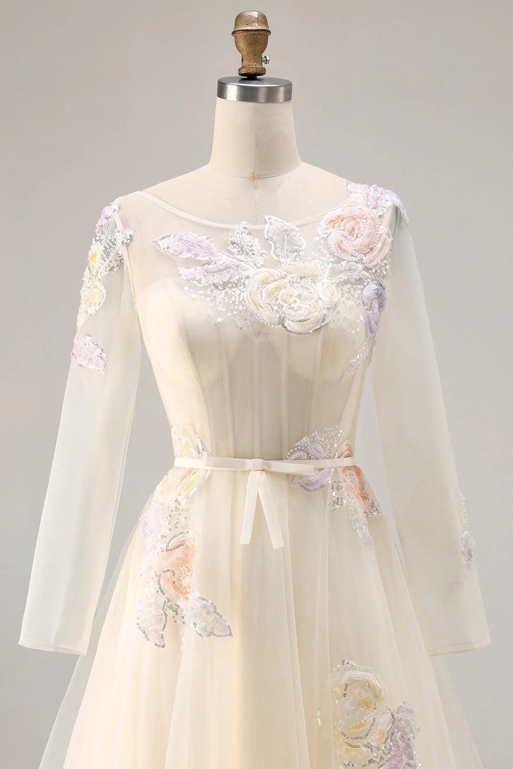 Lilac A Line Corset Appliqued Tulle Long Prom Dress with Long Sleeves - Image 10