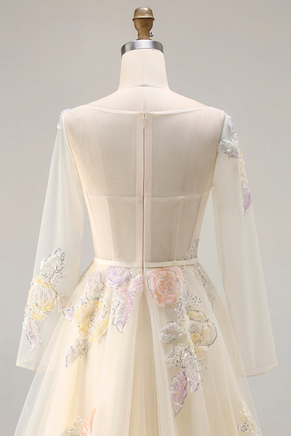 Lilac A Line Corset Appliqued Tulle Long Prom Dress with Long Sleeves - Image 11