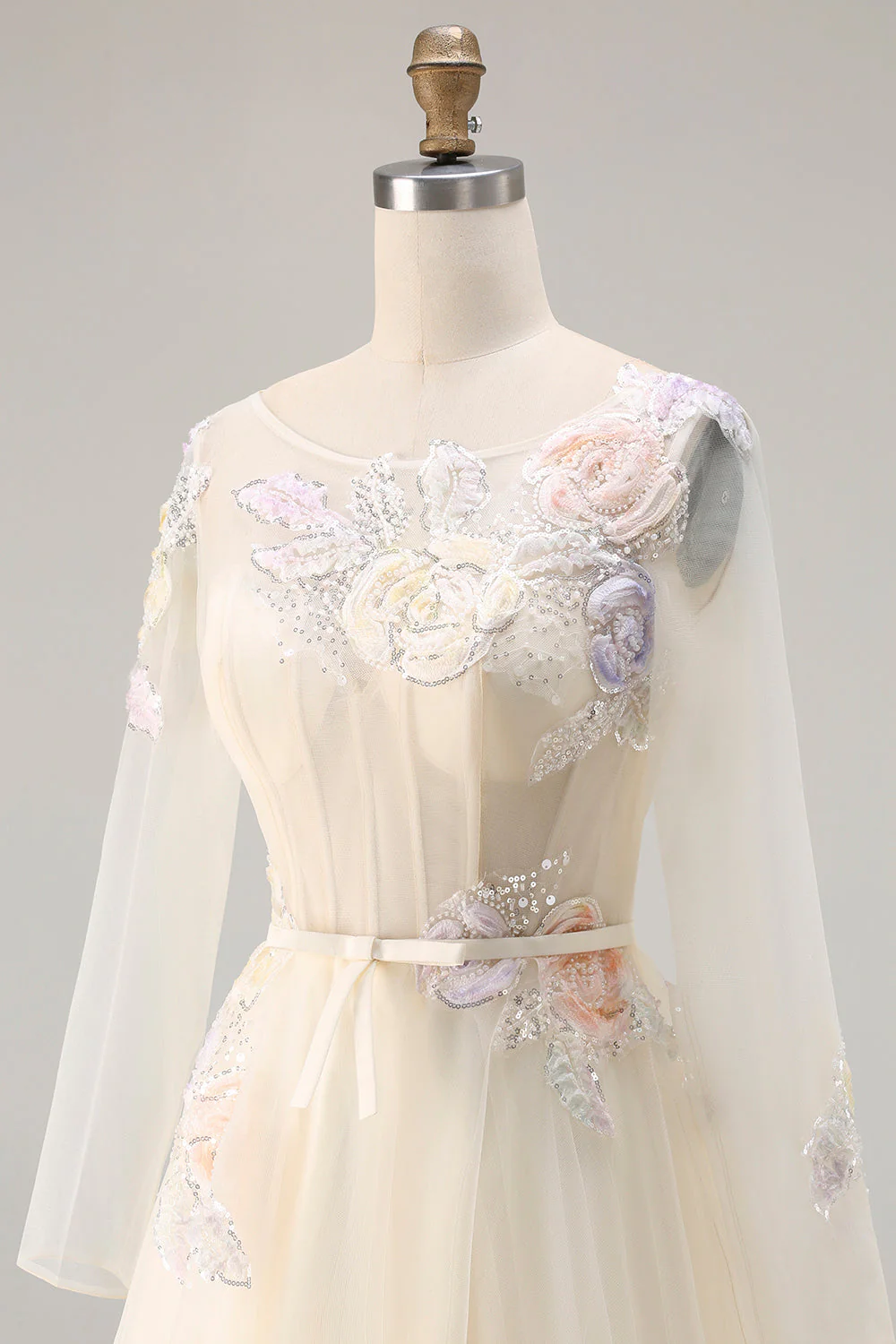 Lilac A Line Corset Appliqued Tulle Long Prom Dress with Long Sleeves - Image 12