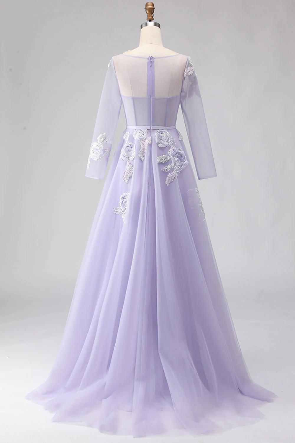 Lilac A Line Corset Appliqued Tulle Long Prom Dress with Long Sleeves - Image 2