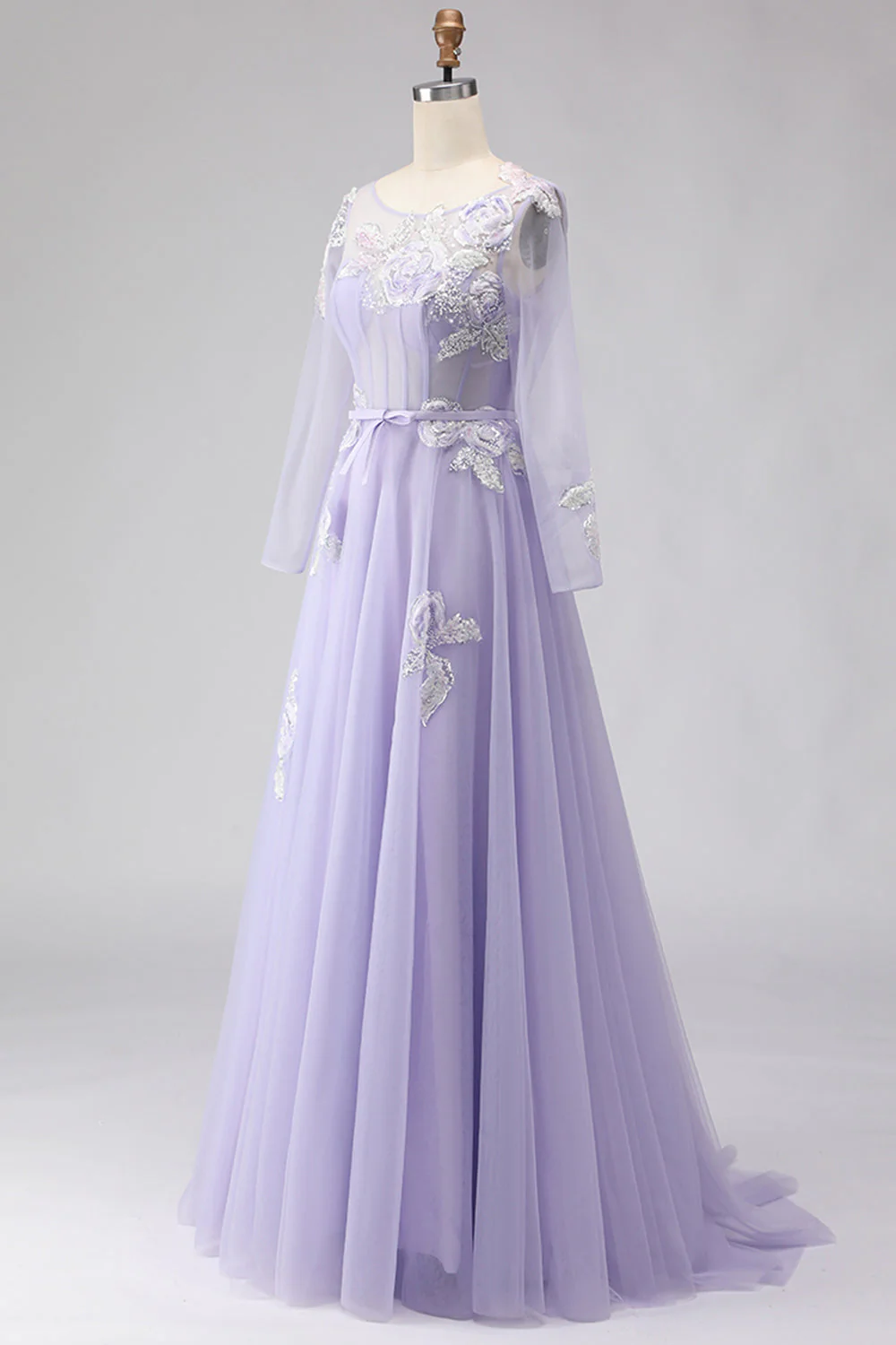 Lilac A Line Corset Appliqued Tulle Long Prom Dress with Long Sleeves - Image 3