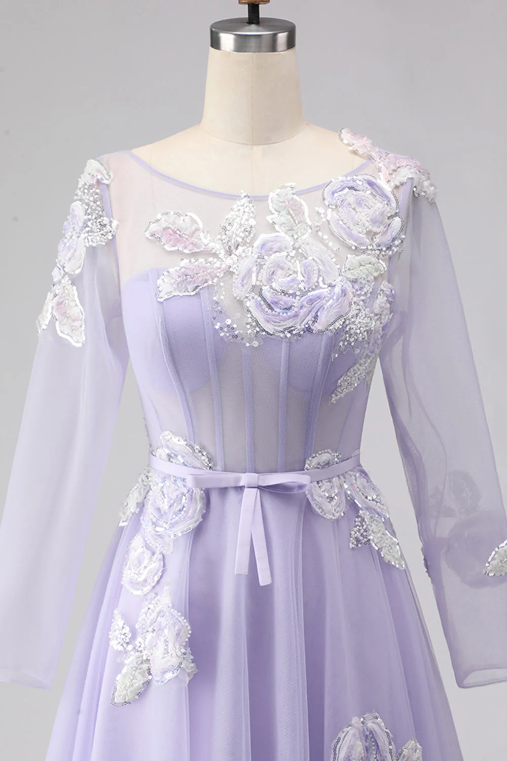 Lilac A Line Corset Appliqued Tulle Long Prom Dress with Long Sleeves - Image 4