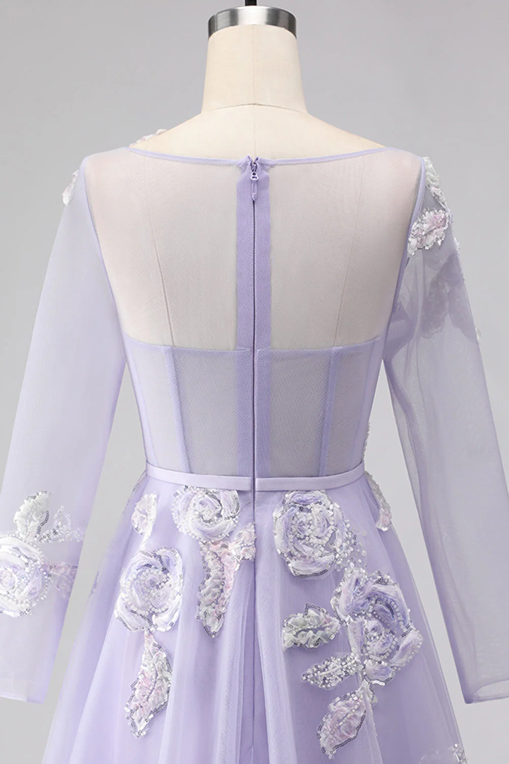 Lilac A Line Corset Appliqued Tulle Long Prom Dress with Long Sleeves - Image 5