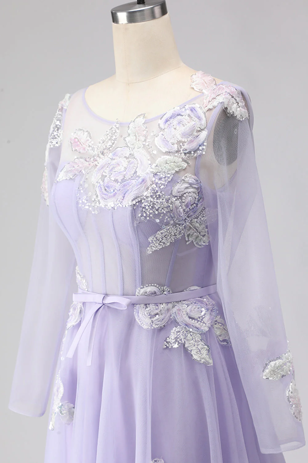 Lilac A Line Corset Appliqued Tulle Long Prom Dress with Long Sleeves - Image 6