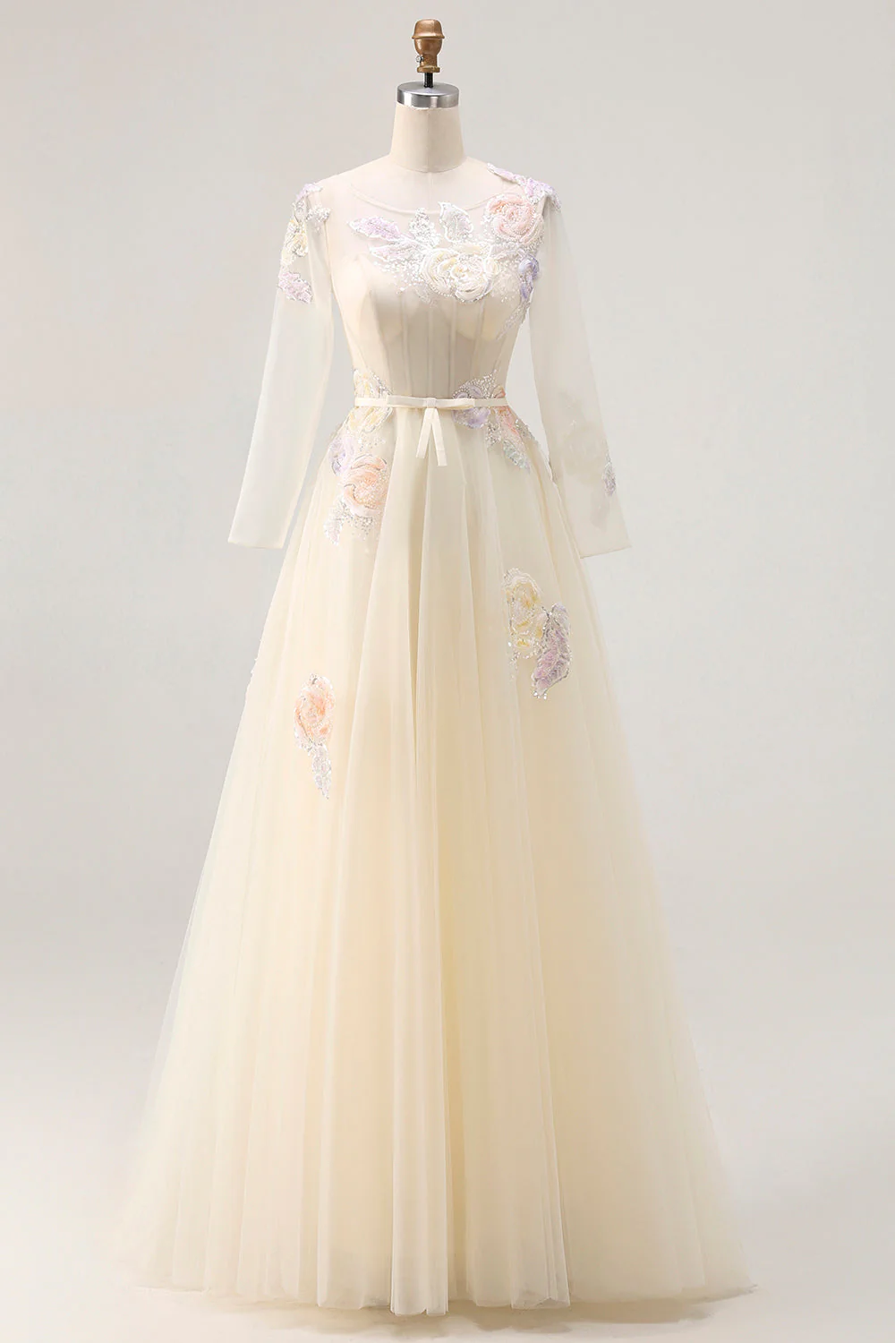 Lilac A Line Corset Appliqued Tulle Long Prom Dress with Long Sleeves - Image 7