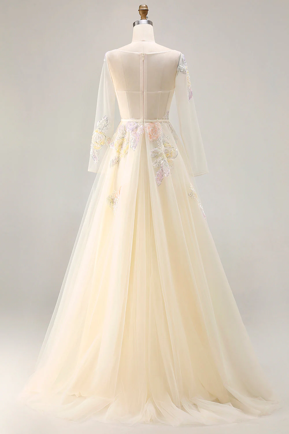 Lilac A Line Corset Appliqued Tulle Long Prom Dress with Long Sleeves - Image 8
