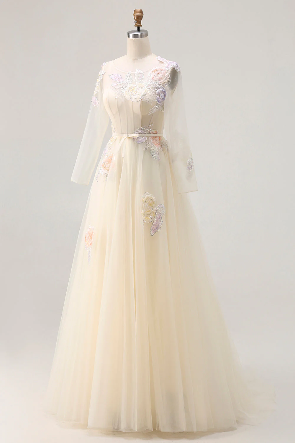 Lilac A Line Corset Appliqued Tulle Long Prom Dress with Long Sleeves - Image 9