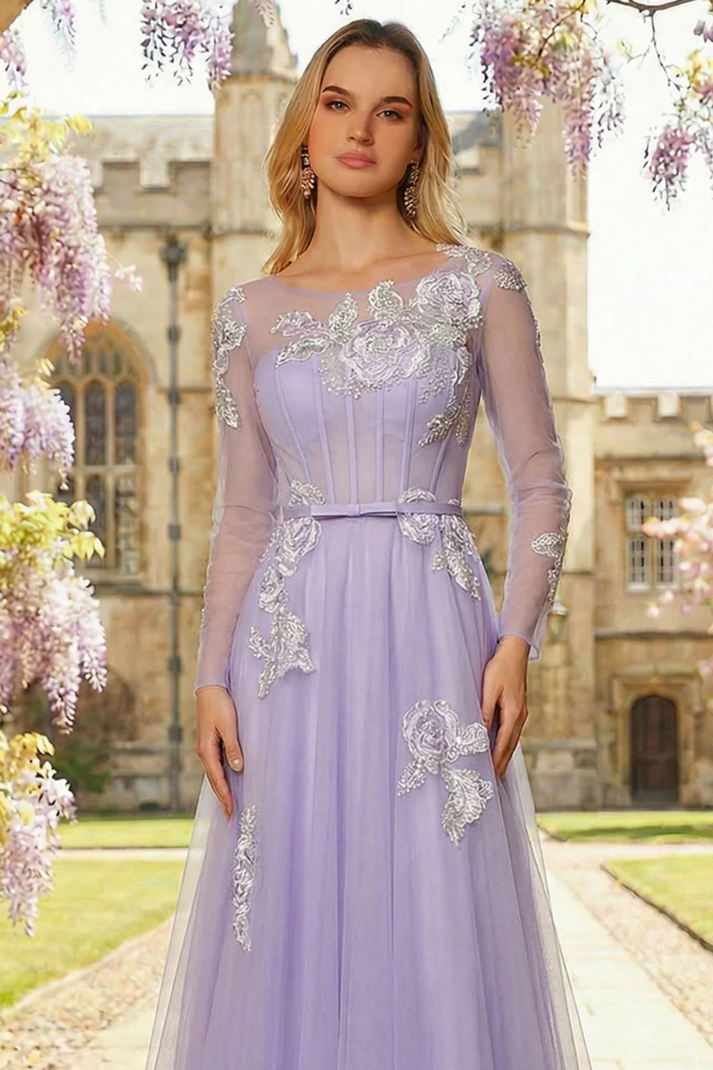 Lilac A Line Corset Sequins Tulle Long Prom Dress with Long Sleeves - Image 3