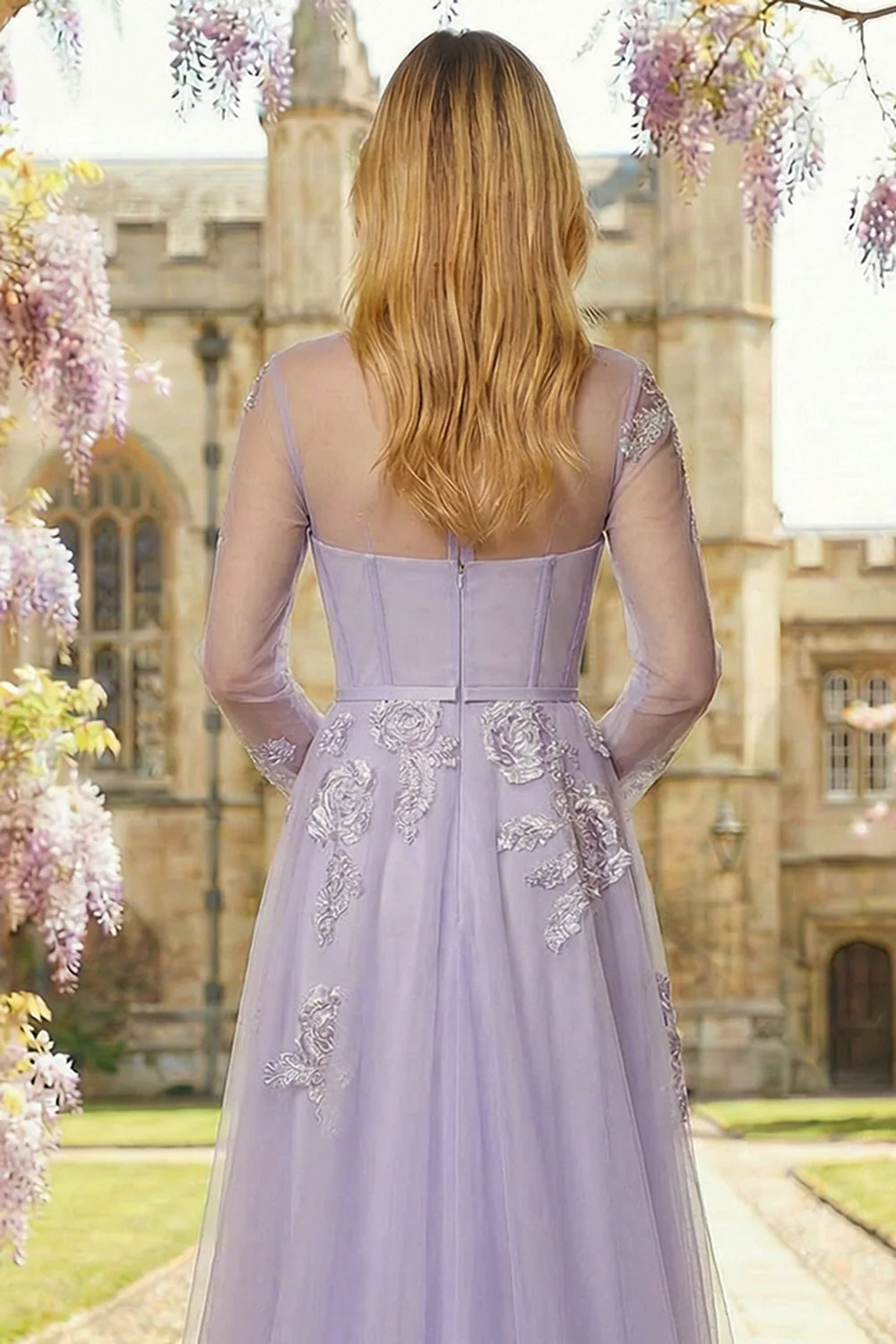 Lilac A Line Corset Sequins Tulle Long Prom Dress with Long Sleeves - Image 4