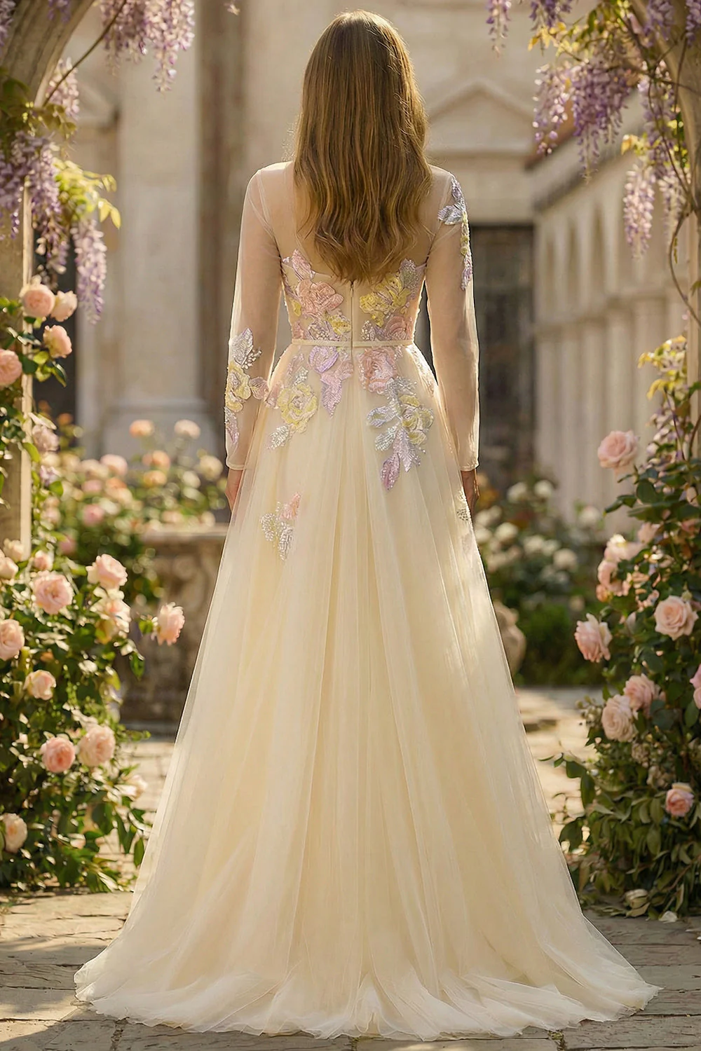 Lilac A Line Corset Sequins Tulle Long Prom Dress with Long Sleeves - Image 5