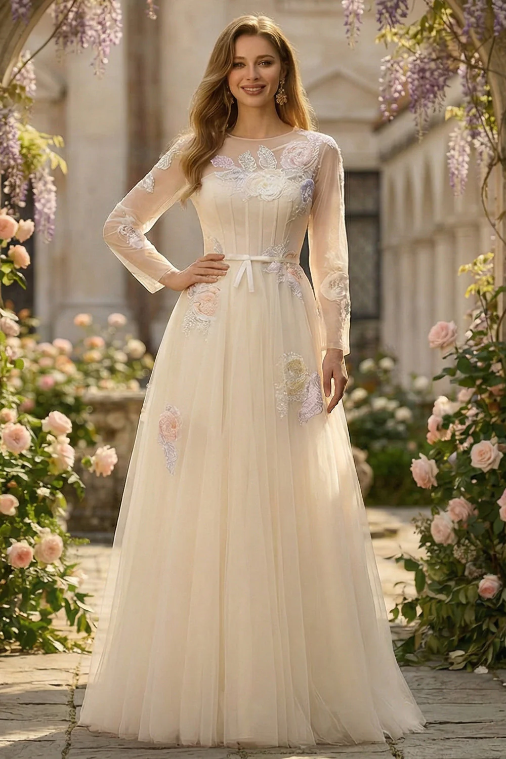 Lilac A Line Corset Sequins Tulle Long Prom Dress with Long Sleeves - Image 6