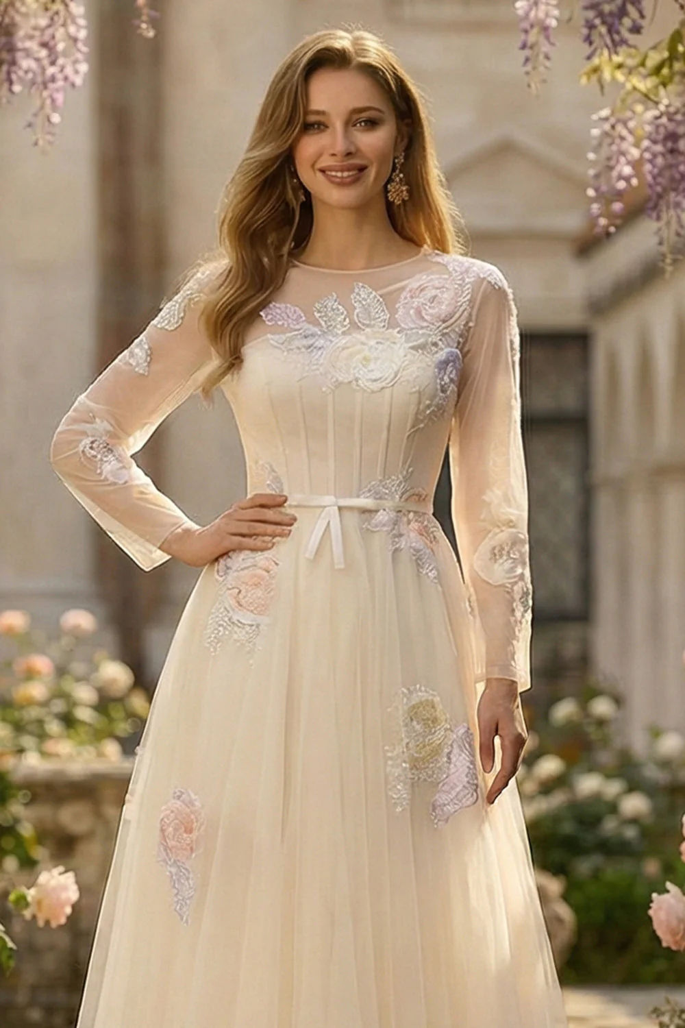 Lilac A Line Corset Sequins Tulle Long Prom Dress with Long Sleeves - Image 7