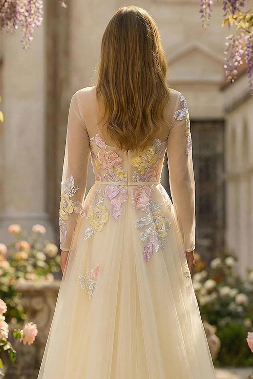 Lilac A Line Corset Sequins Tulle Long Prom Dress with Long Sleeves - Image 8