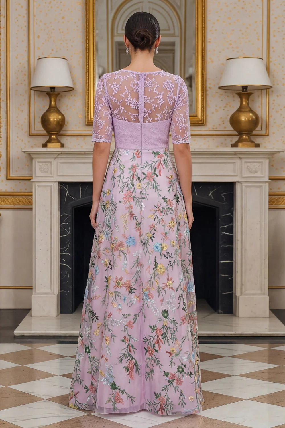 Lilac A Line Floral Half Sleeves Long Mother of the Bride Dress with Embroidery - Image 2