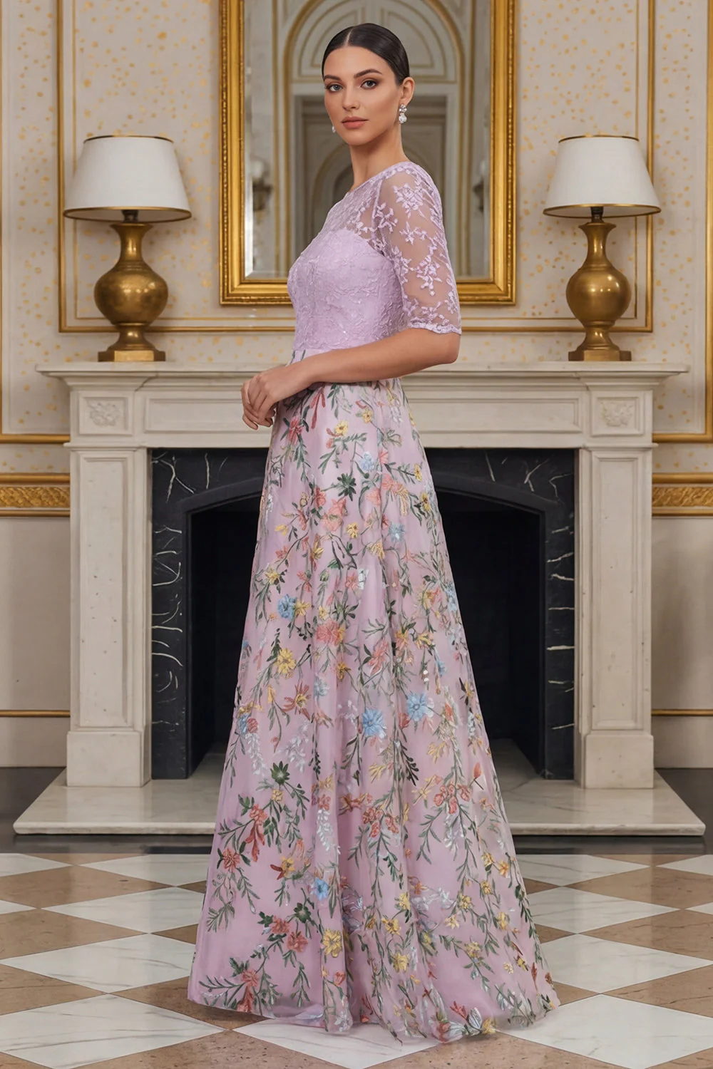 Lilac A Line Floral Half Sleeves Long Mother of the Bride Dress with Embroidery - Image 3