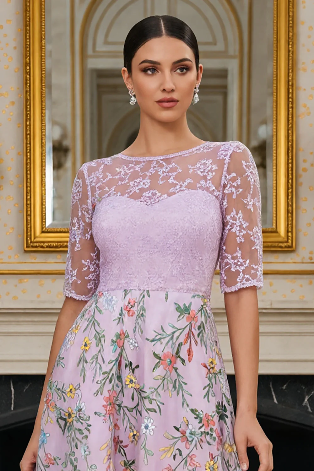 Lilac A Line Floral Half Sleeves Long Mother of the Bride Dress with Embroidery - Image 4