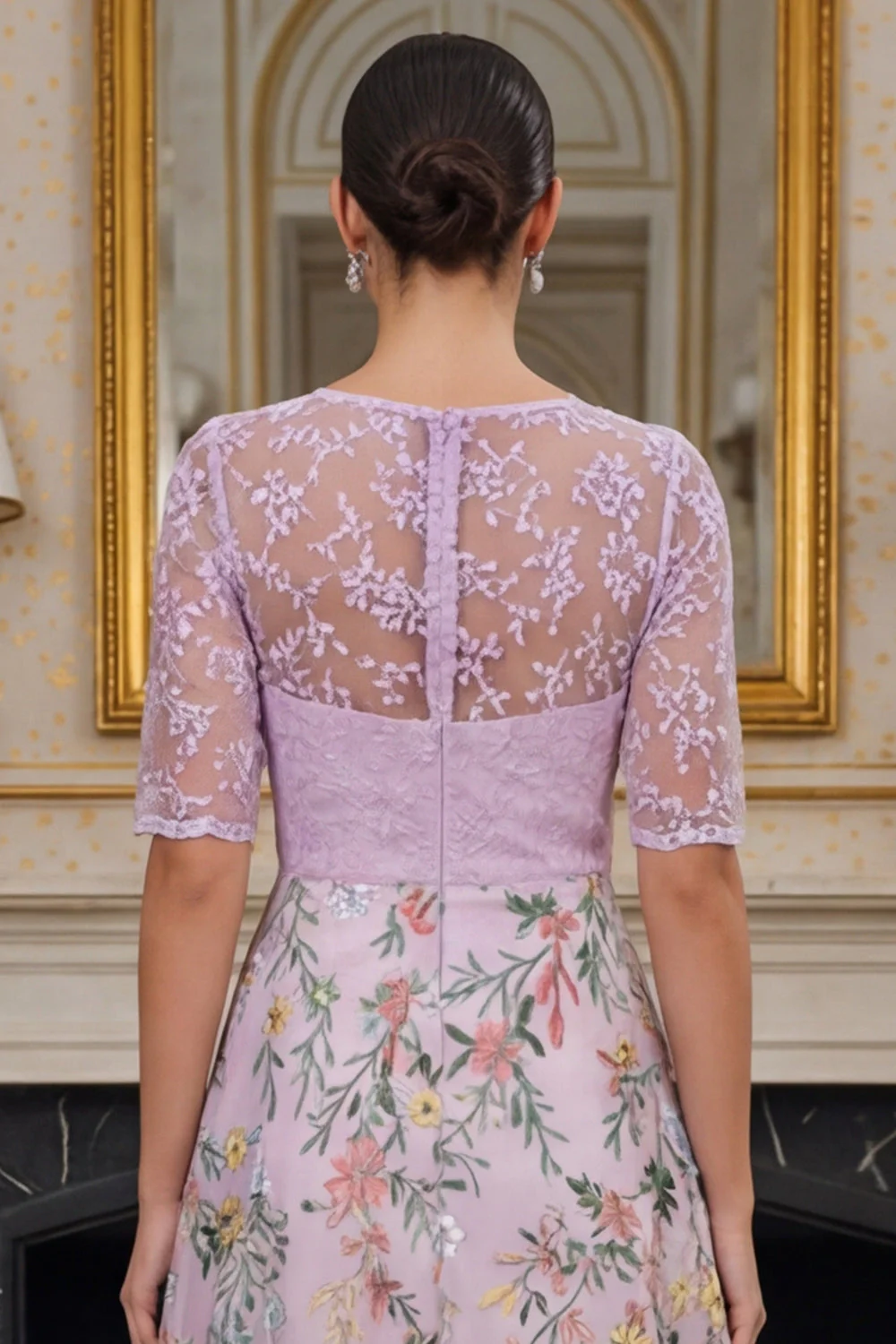 Lilac A Line Floral Half Sleeves Long Mother of the Bride Dress with Embroidery - Image 5