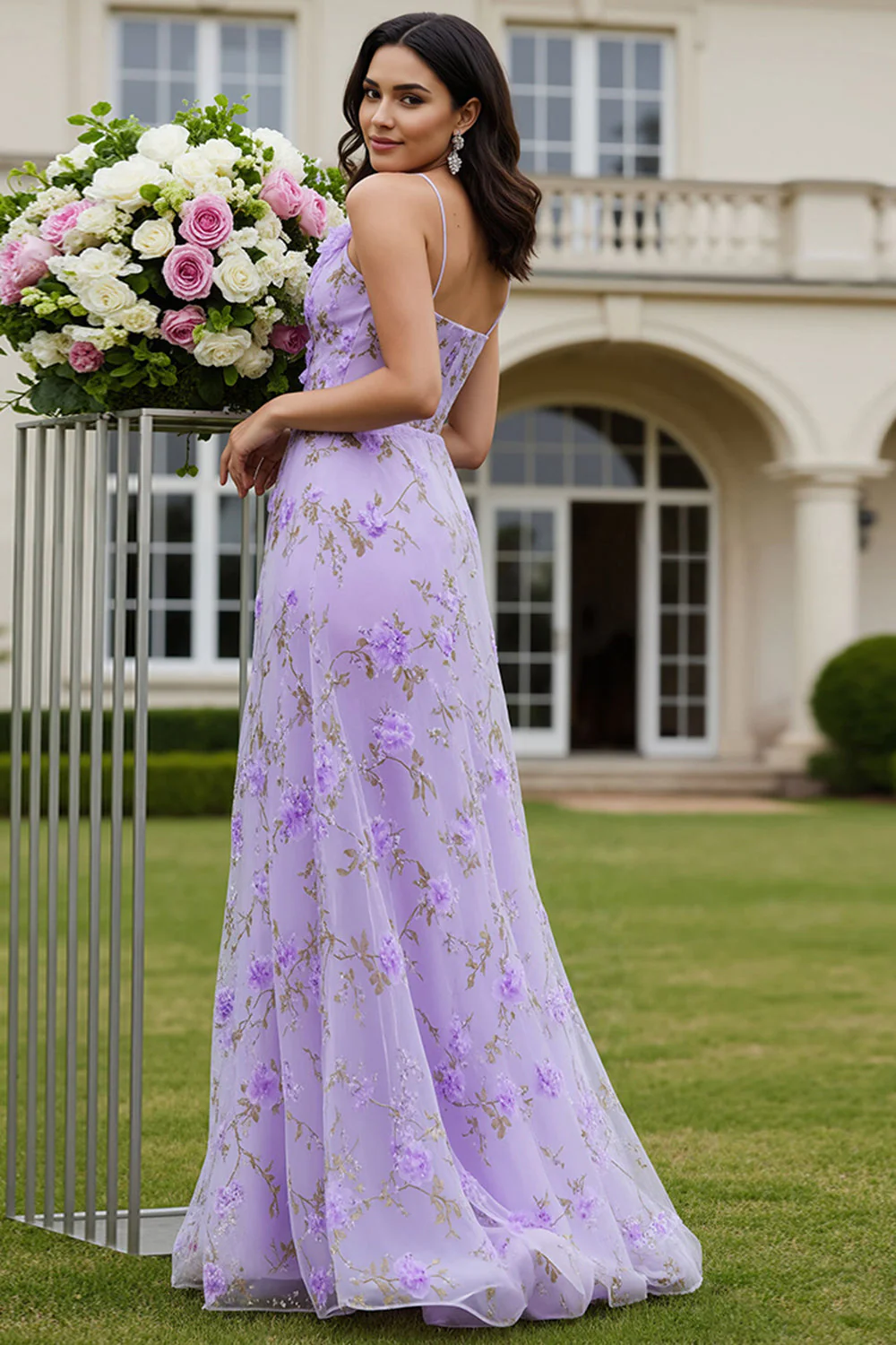 Lilac A-Line Halter Cut Out 3D Flower Long Prom Dress with Slit - Image 2