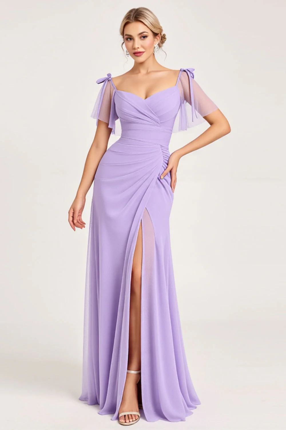 Lilac A Line Long Chiffon Bridesmaid Dress with Slit - Image 3