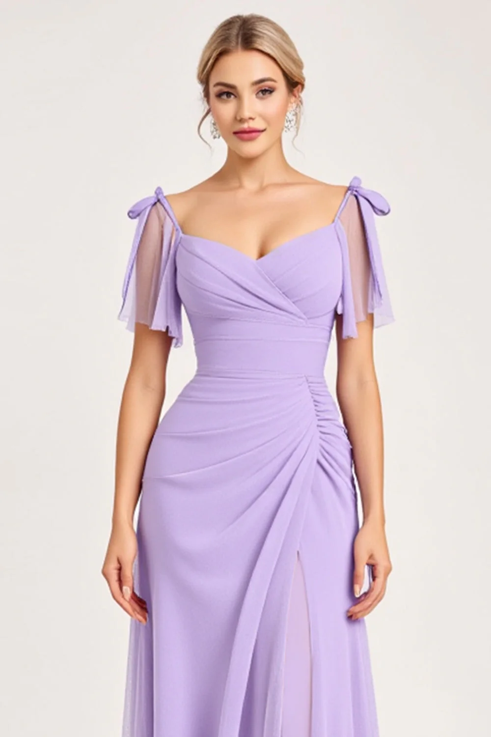 Lilac A Line Long Chiffon Bridesmaid Dress with Slit - Image 4